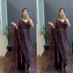 Wine color net fabric heavy frill ready to wear saree